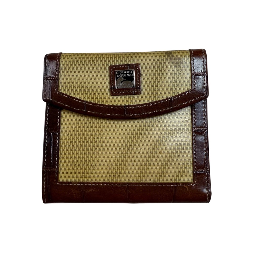 VTG Dooney Bourke Leather Woven Tri Fold Wallet Brown Clutch Coin Purse - Picture 1 of 4